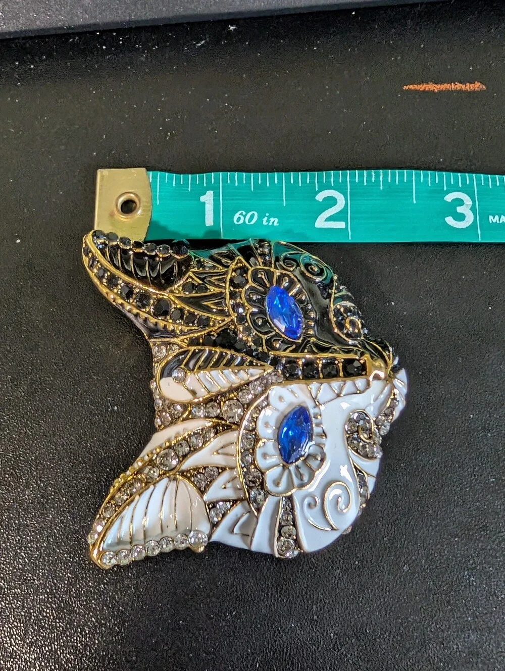Decorative Cat Brooch Pin with Blue Crystal Eyes - White & Black